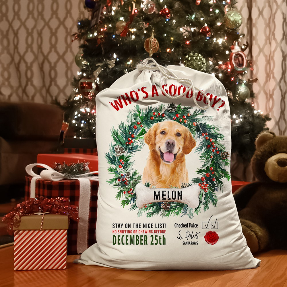 Custom Dog Photo & Bone With Wreath Christmas Bag, Christmas Gift