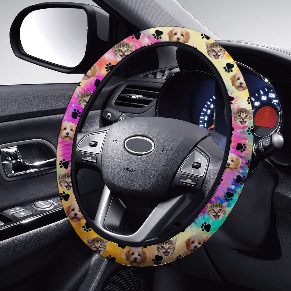 Custom Hologram Tie Dye Photo Dog Cat Car Steering Wheel Cover, Pet Lover Gift JonxiFon