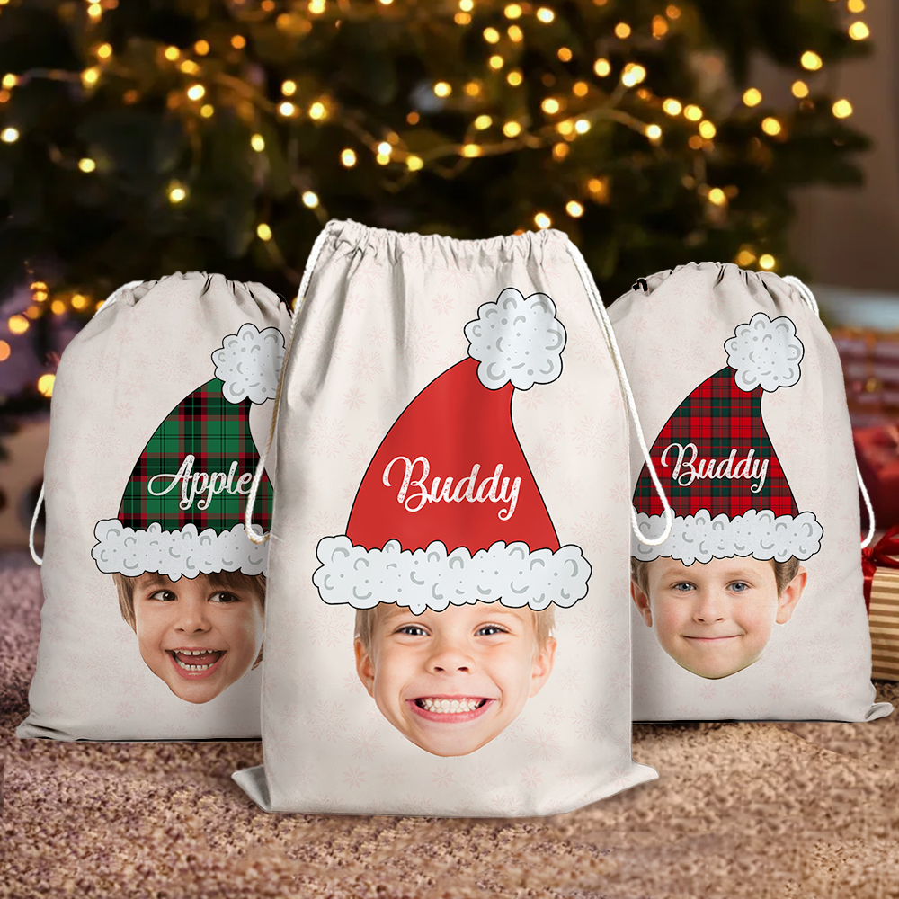 Custom Santa Hat With Name Photo Christmas Bag, Christmas Gift