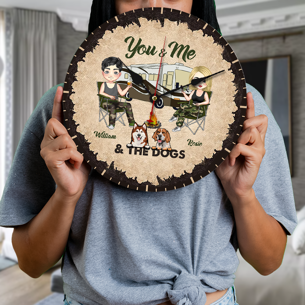 Personalized Camping Couple And The Dogs Wall Wooden Clock, Gift For Dog Lovers CHI-THUY