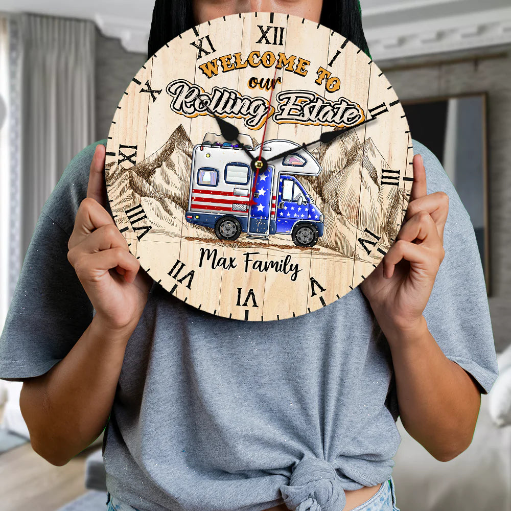 Personalized Welcome To Our Rolling Estate Camping Couple Wall Wooden Clock, Gift For Camping Lovers CHI-YEN