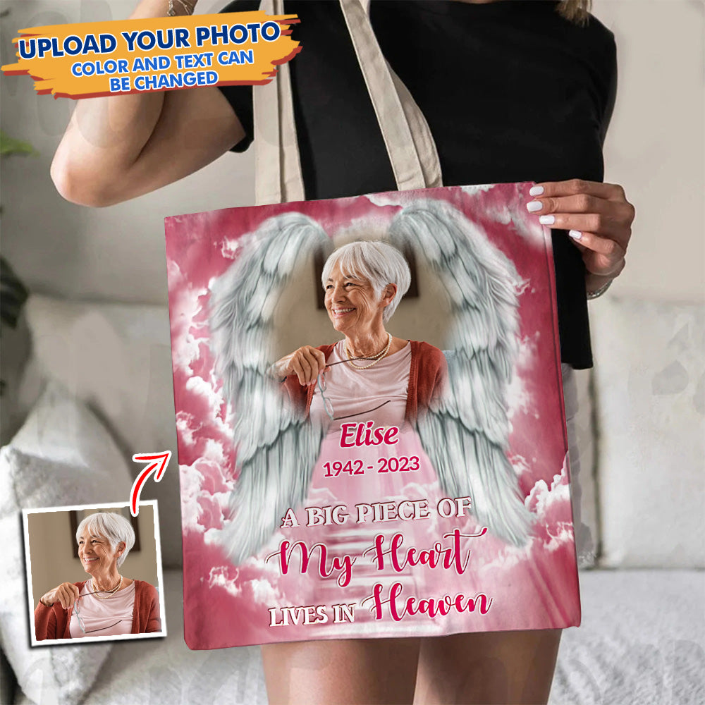 Personalized Memorial Upload Photo Wings, A Big Piece Of My Heart Lives In Heaven Custom Tote Bag