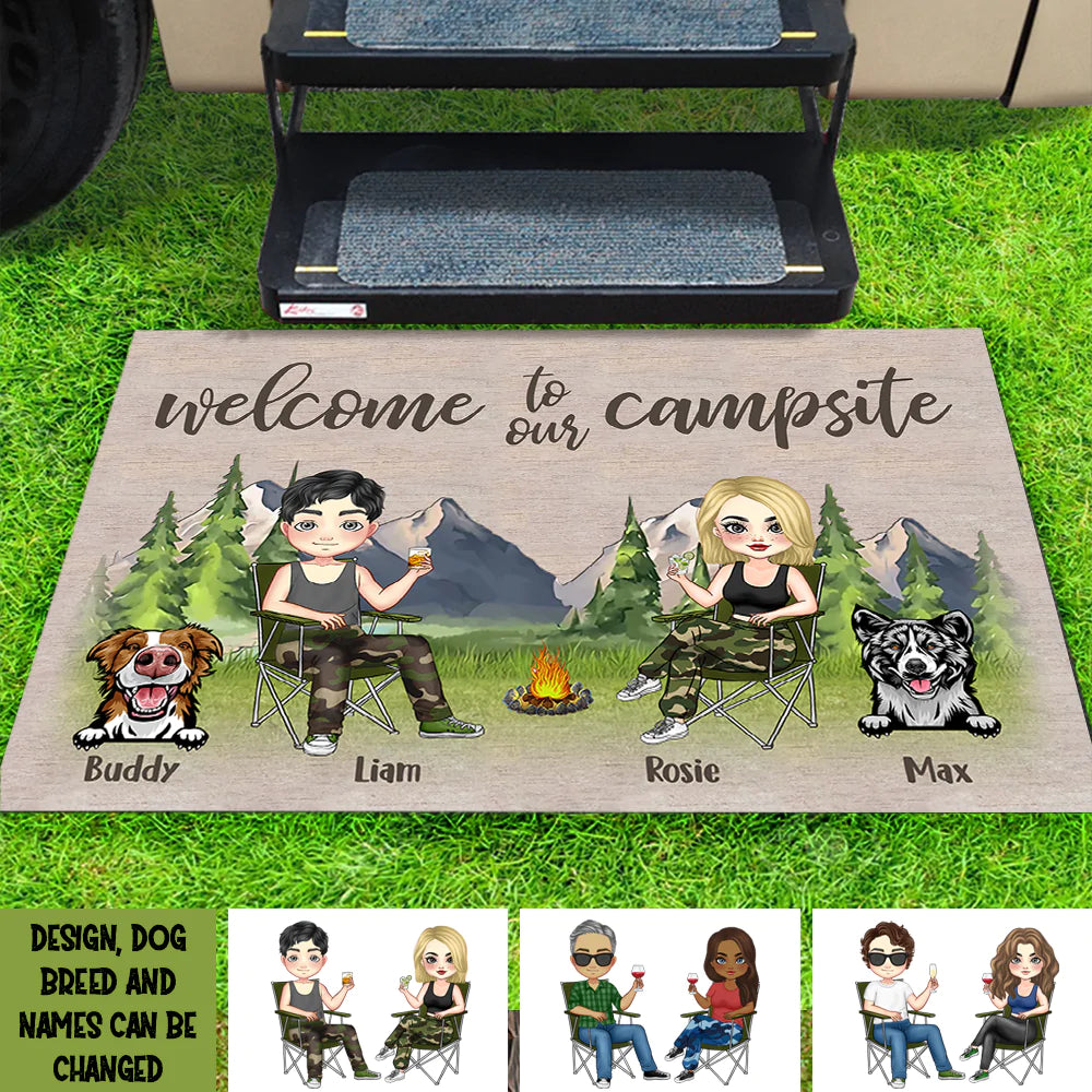 Personalized Happy Campers Husband Wife And Dogs House Doormat, Gift For Camping Couple