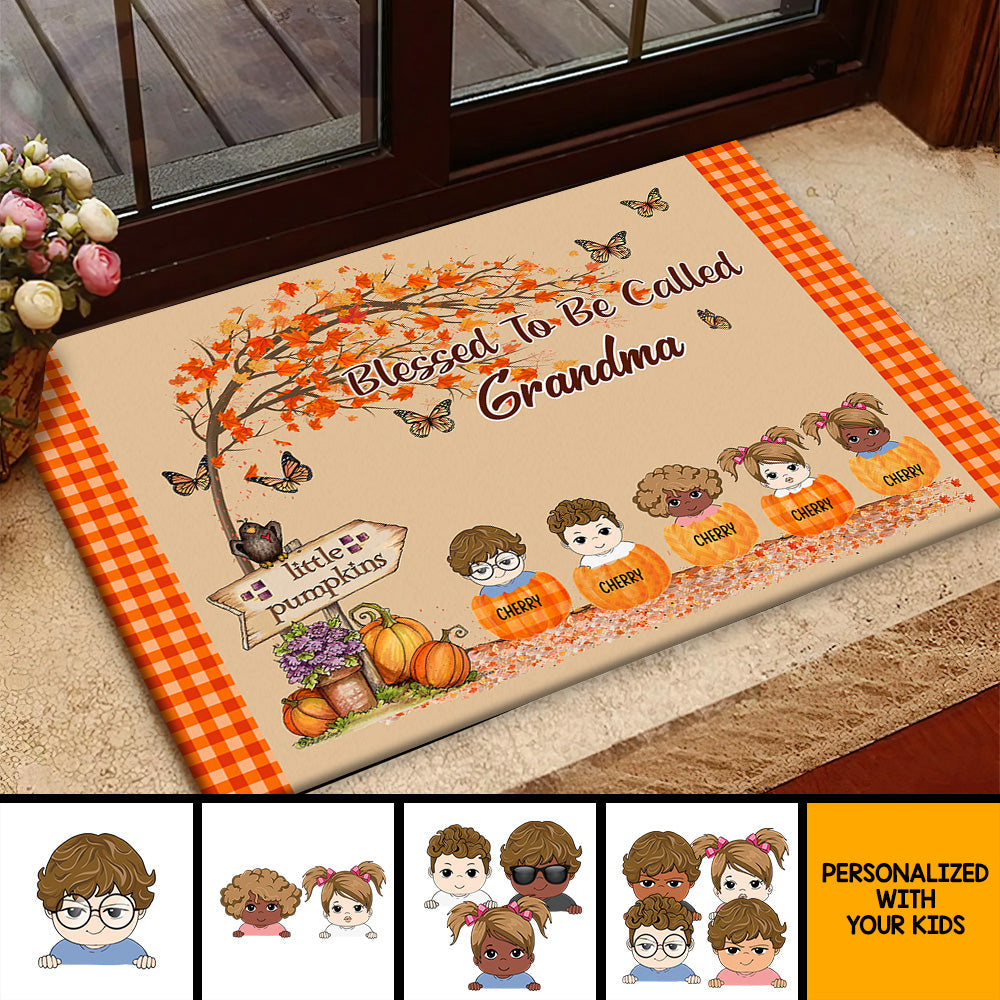 Personalized Welcome To Grandma's Little Pumpkins Fall Doormat, Dog Lover Gift CHI-YEN