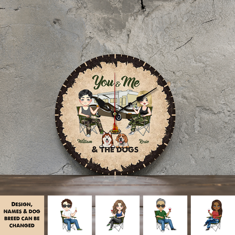 Personalized Camping Couple And The Dogs Wall Wooden Clock, Gift For Dog Lovers CHI-THUY