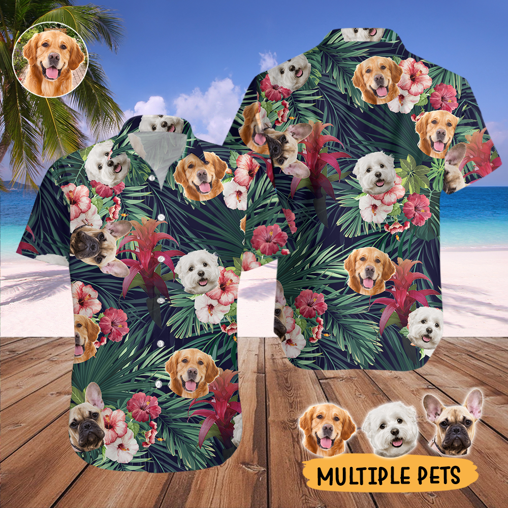 Custom Pet Face Photo Green Hawaiian Shirt, Hibiscus x Red Ginger