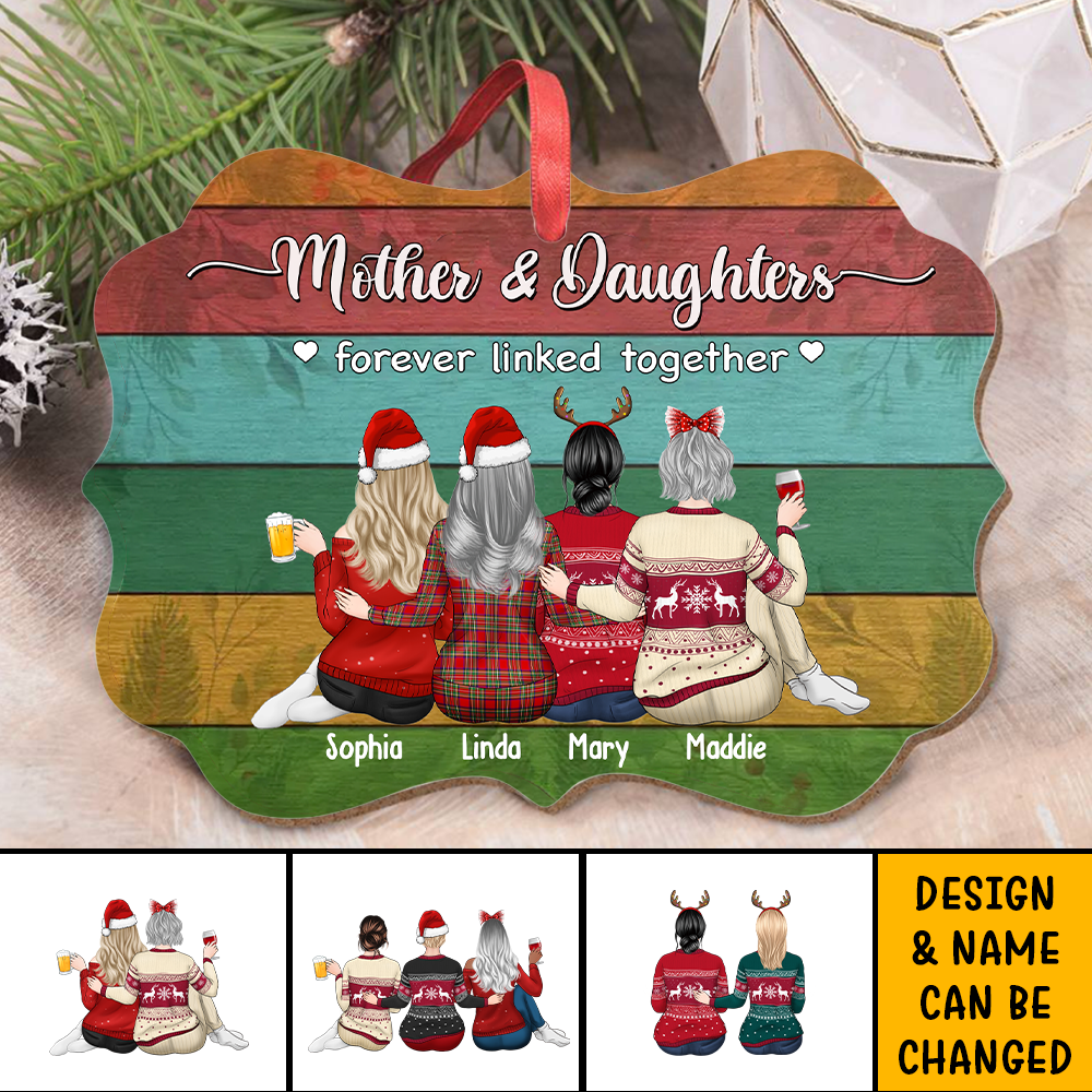 Personalized Mother & Daughters Forever Linked Together Benelux Shaped Wood Christmas Ornament DUNG-DIEP