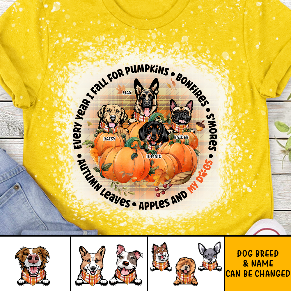 Every Year I Fall For Pumpkins & My Dogs 3D Bleach Shirt, Custom Fall Gift JonxiFon