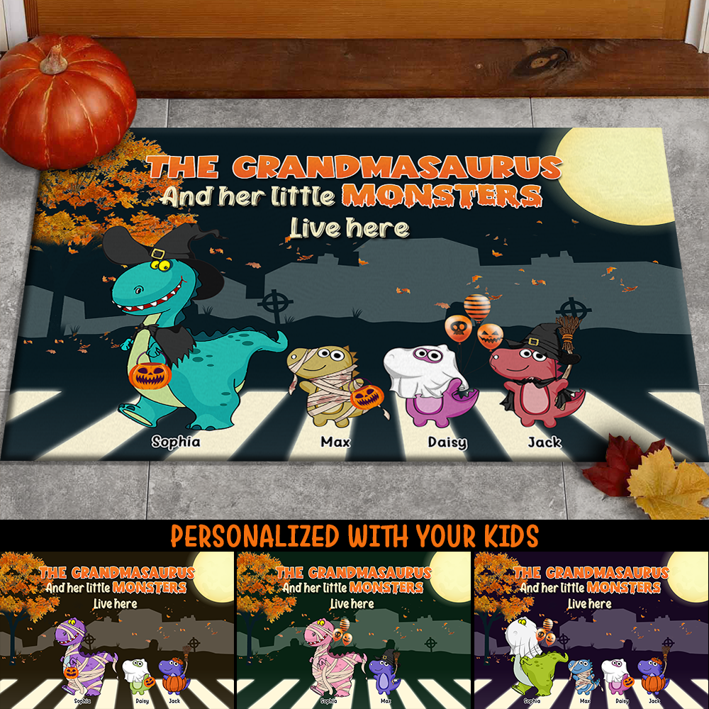 Personalized Grandma And Kids Dinosaur Halloween Doormat CHI-DIEP