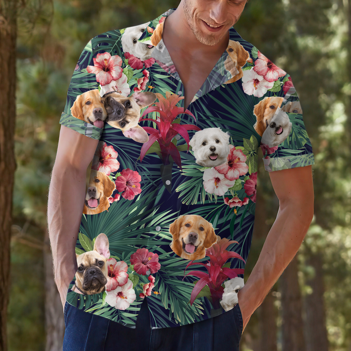 Custom Pet Face Photo Green Hawaiian Shirt, Hibiscus x Red Ginger