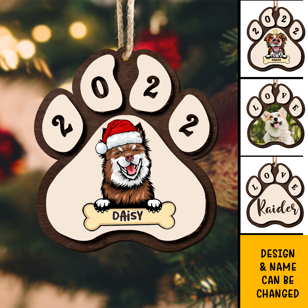 Personalized Paw Shaped 2 Layered Wood Christmas Ornament, Dog Lovers Gift DUNG-DIEP