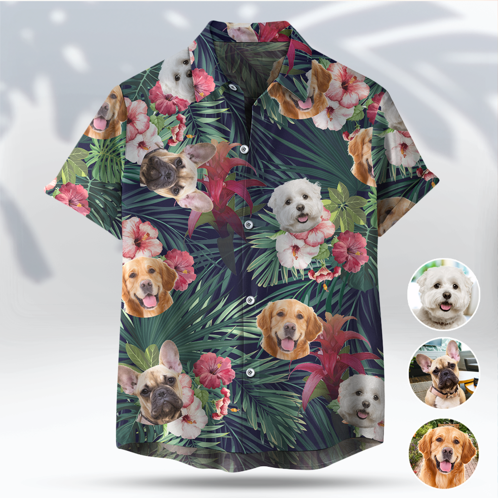 Custom Pet Face Photo Green Hawaiian Shirt, Hibiscus x Red Ginger