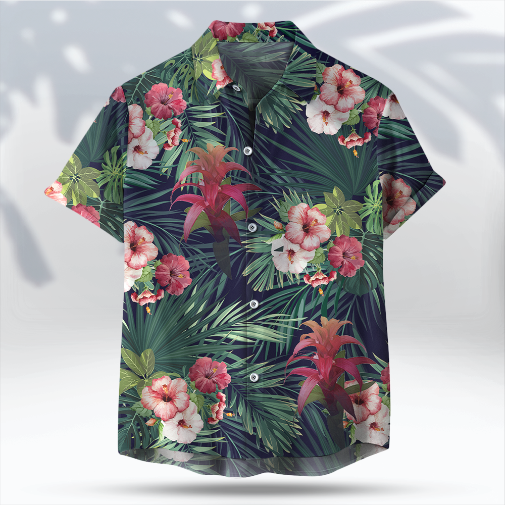 Custom Pet Face Photo Green Hawaiian Shirt, Hibiscus x Red Ginger