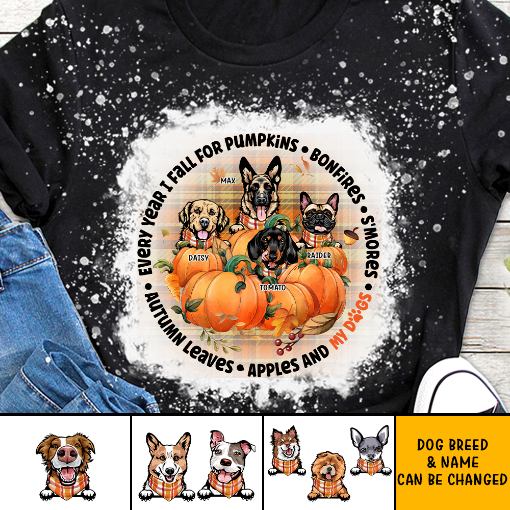 Every Year I Fall For Pumpkins & My Dogs 3D Bleach Shirt, Custom Fall Gift JonxiFon