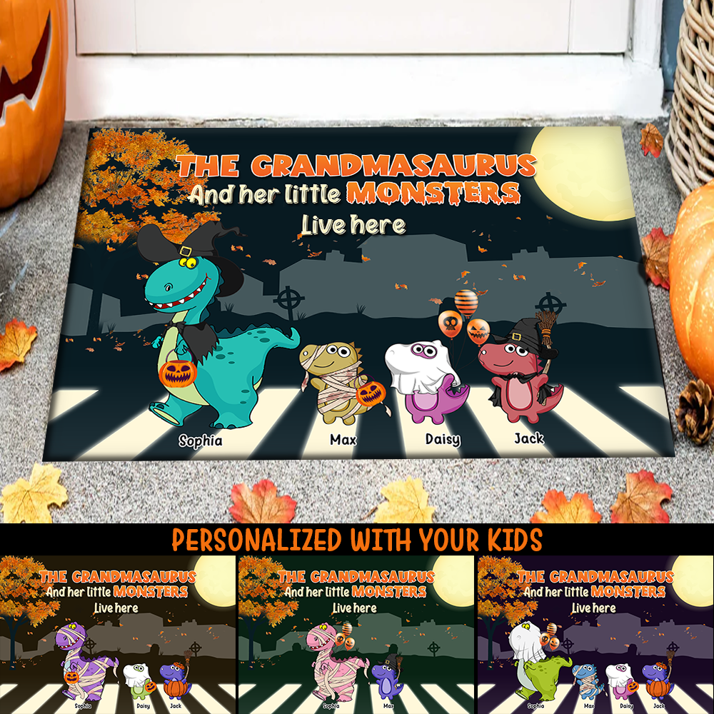 Personalized Grandma And Kids Dinosaur Halloween Doormat CHI-DIEP