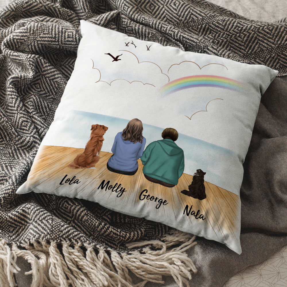 Fluffy Family Gifts Throw Pillow - Personalized Pillow - Beach & Wooden Dock - Jonxifon