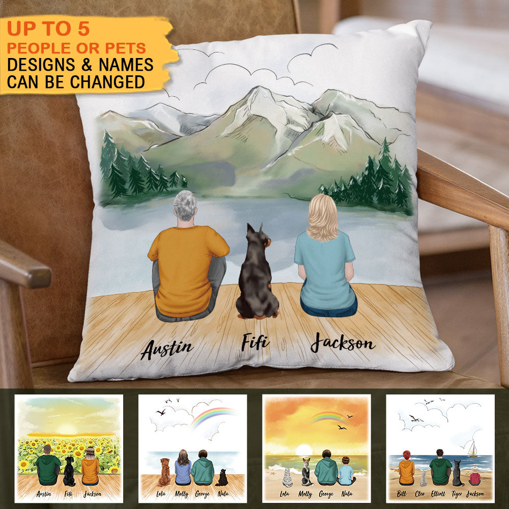 Fluffy Family Gifts Throw Pillow - Personalized Pillow - Beach & Wooden Dock - Jonxifon