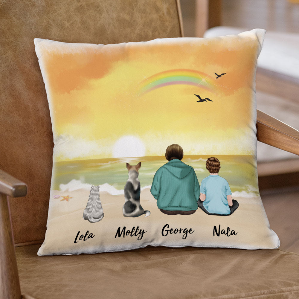 Fluffy Family Gifts Throw Pillow - Personalized Pillow - Beach & Wooden Dock - Jonxifon