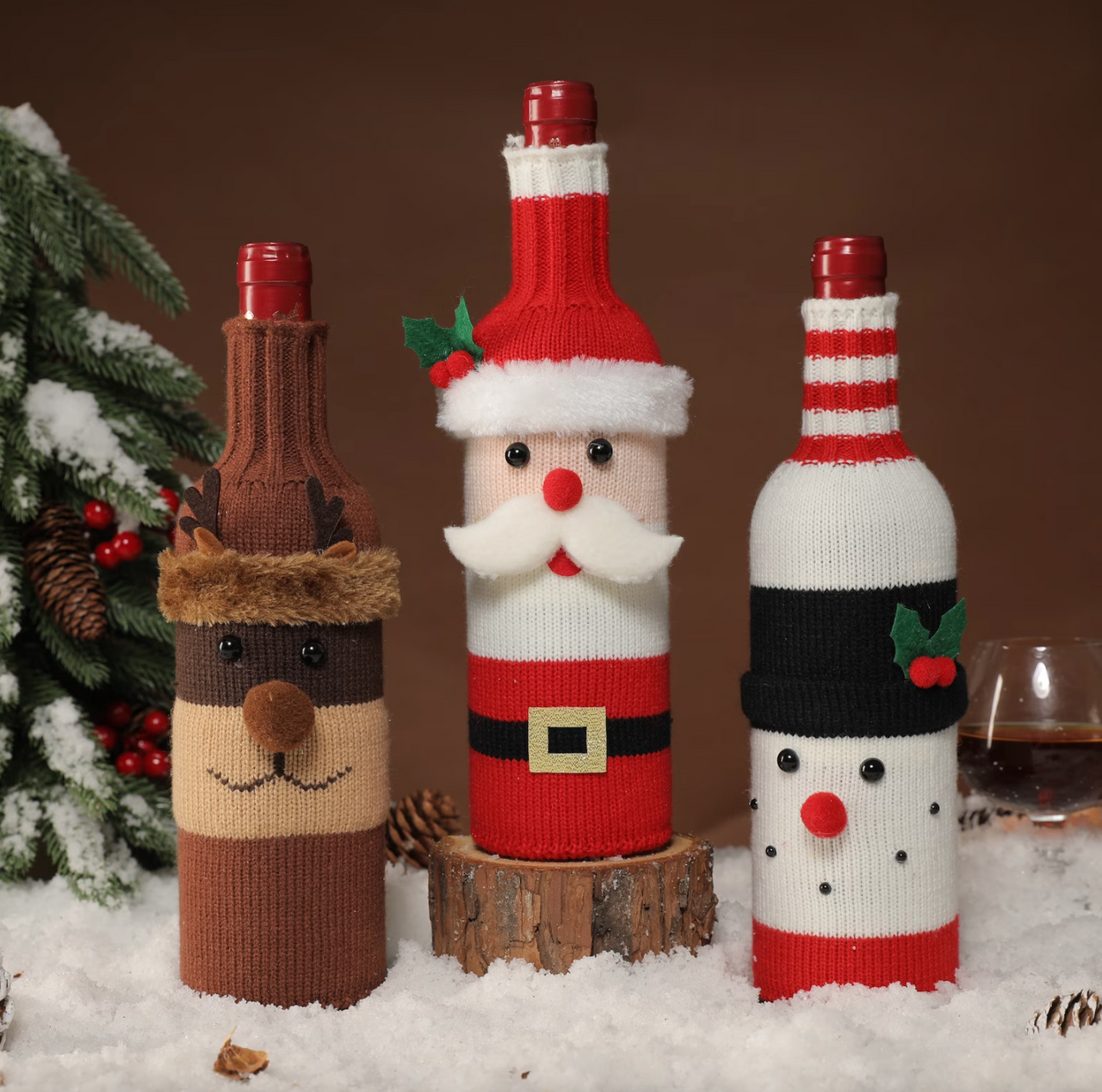 Set of 3 Wine Bottle Covers - Christmas Gift For Family - Handmade Knitted Reindeer Santa Snowman