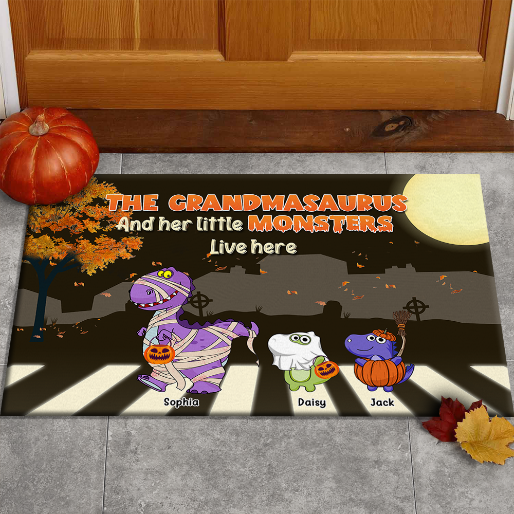 Personalized Grandma And Kids Dinosaur Halloween Doormat CHI-DIEP