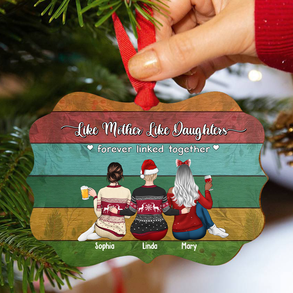 Personalized Mother & Daughters Forever Linked Together Benelux Shaped Wood Christmas Ornament DUNG-DIEP