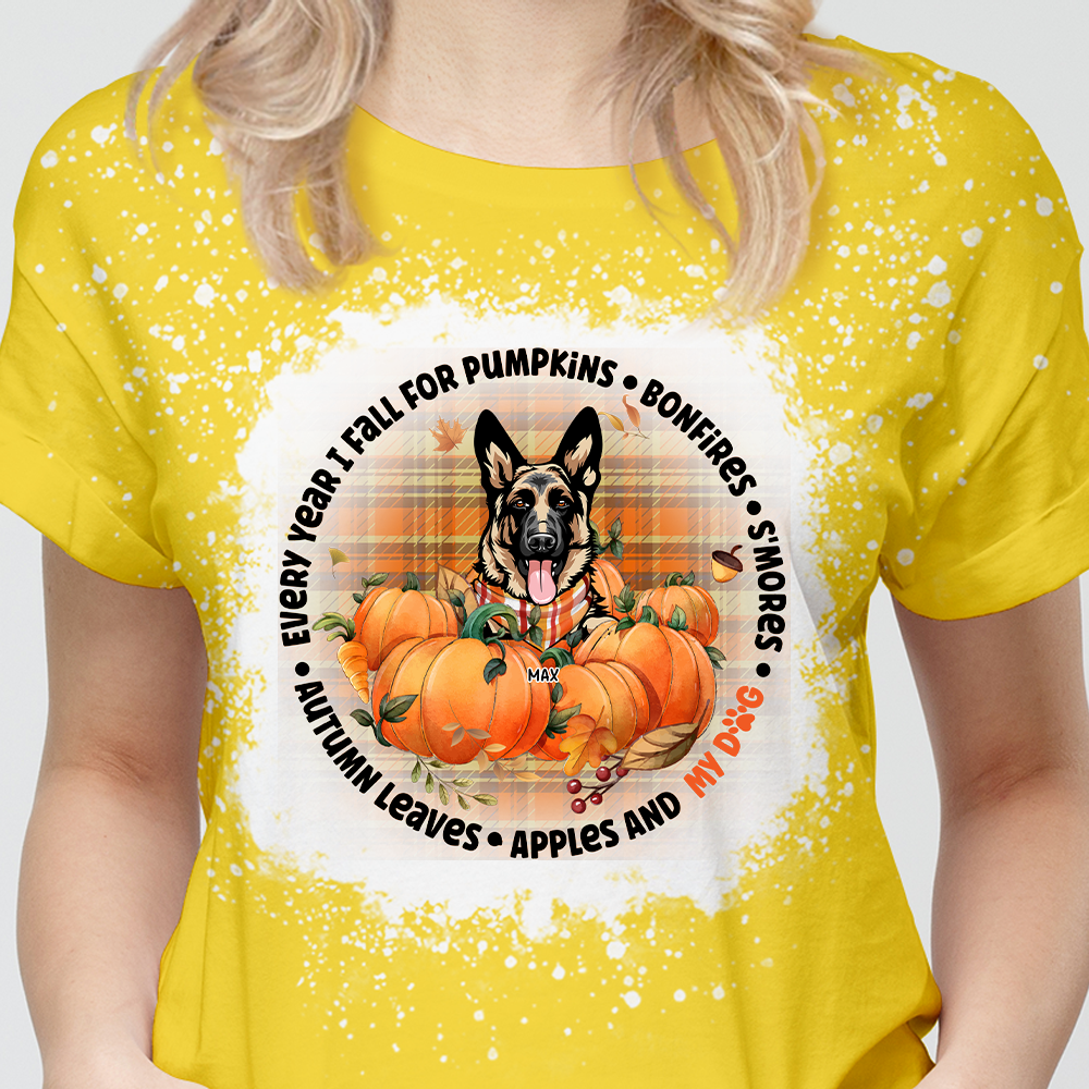 Every Year I Fall For Pumpkins & My Dogs 3D Bleach Shirt, Custom Fall Gift JonxiFon