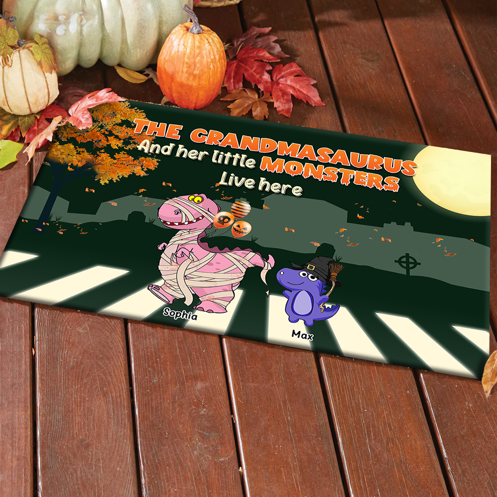 Personalized Grandma And Kids Dinosaur Halloween Doormat CHI-DIEP