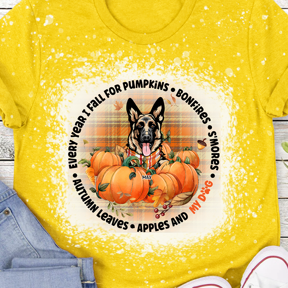 Every Year I Fall For Pumpkins & My Dogs 3D Bleach Shirt, Custom Fall Gift JonxiFon