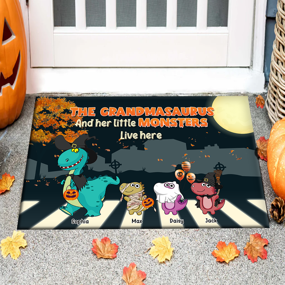 Personalized Grandma And Kids Dinosaur Halloween Doormat CHI-DIEP