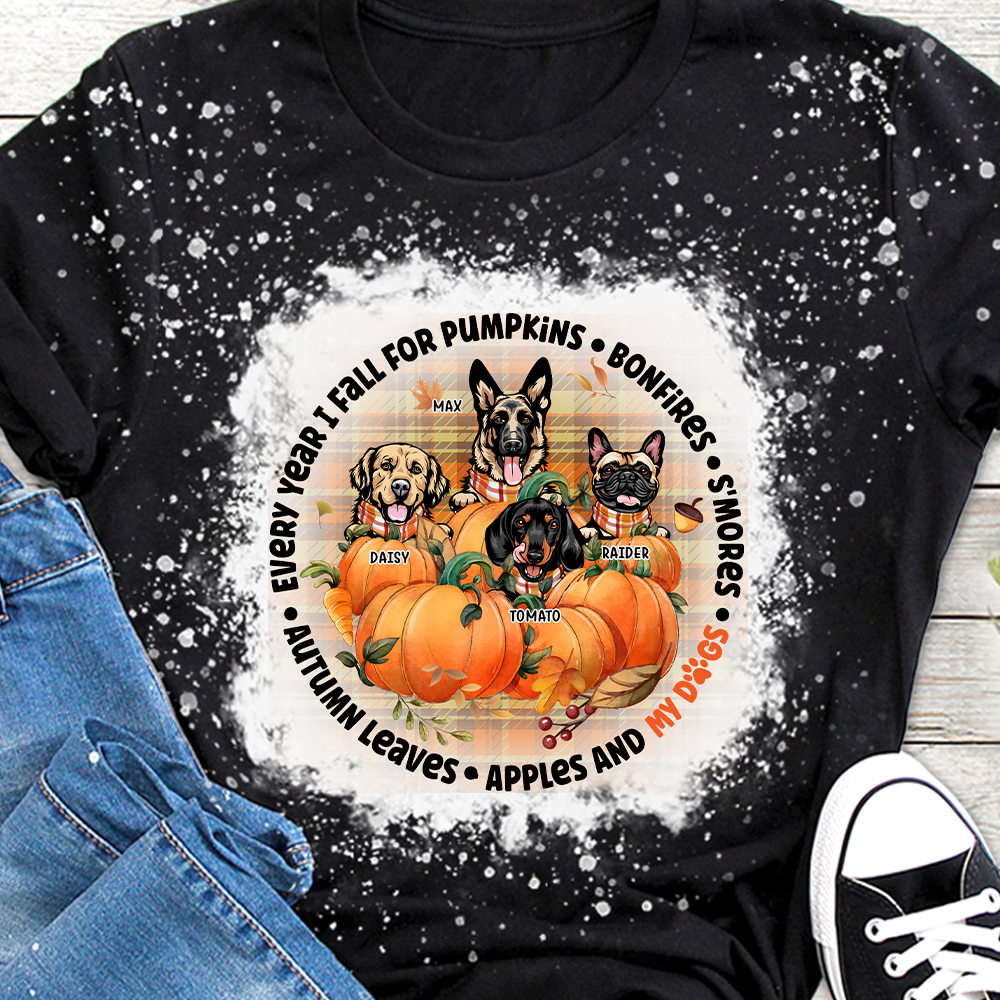 Every Year I Fall For Pumpkins & My Dogs 3D Bleach Shirt, Custom Fall Gift JonxiFon