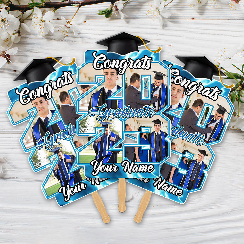 Custom Proud Family Of A Graduate 2023 Photo Graduation Face Fans With Wooden Handle, Gift For Graduation Party