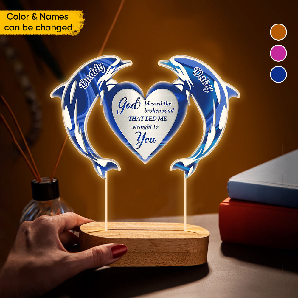 Personalized God Bless My Road To You Dolphin Lamp With Wooden Oval Stand, Love Gift For Couple YHN-YEN