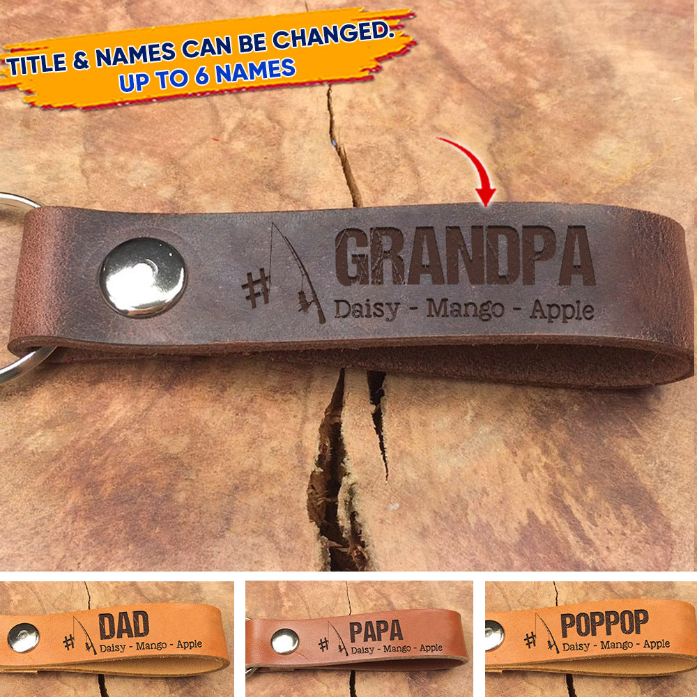 Personalized Best Ever Dad Fishing Leather Keychain, Gift For Dad Grandpa AZ