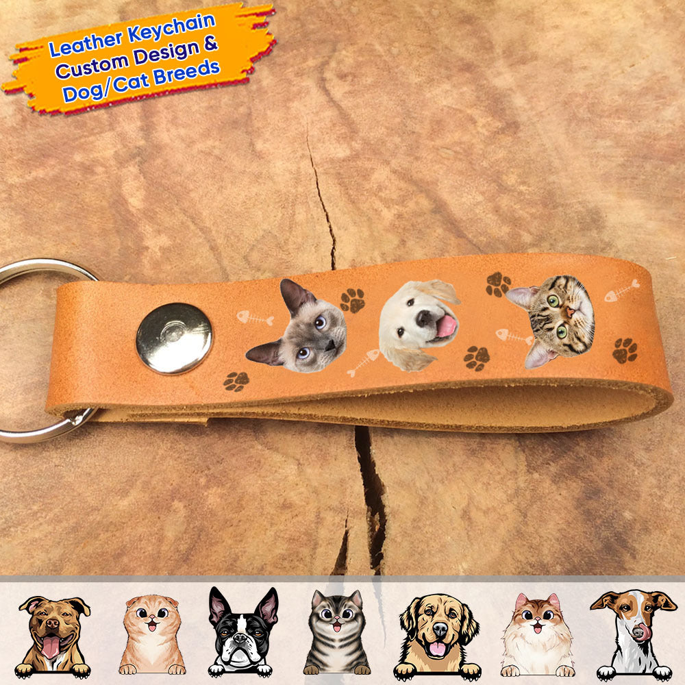 Custom Multiple Face Photo Dog Cat Leather Keychain, Pet Lover Gift