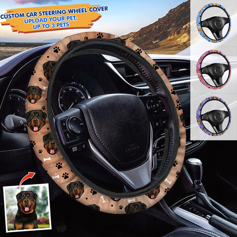 Custom Face With Paws Dog Cat Car Steering Wheel Cover, Pet Lover Gift