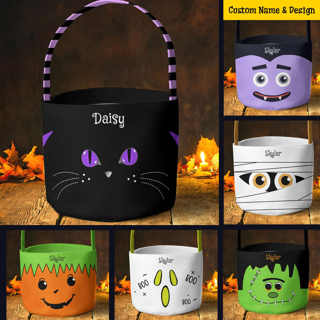 Custom Kid's Name Halloween Basket, Personalized Halloween Candy Bag YHN-THUY