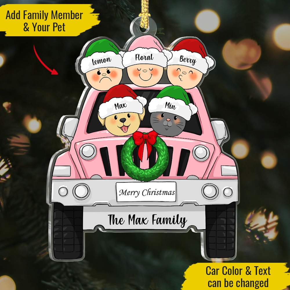 Custom Family Pet With Christmas Car Printed Acrylic Ornament, Christmas Gift YHN-VAN