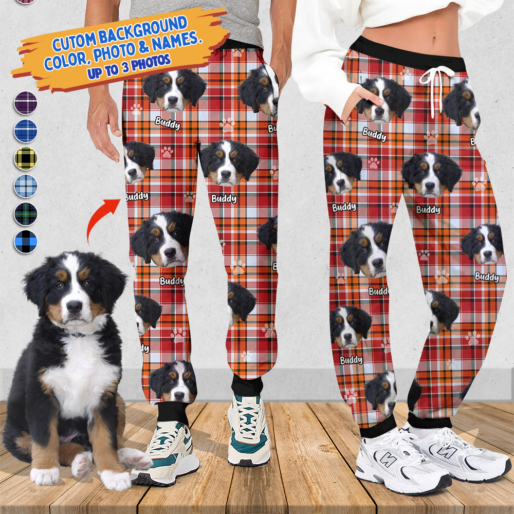 Pet Photo With Name Multicolor Buffalo Plaid Sweatpants, Custom Gift For Men and Women Dung- Yen