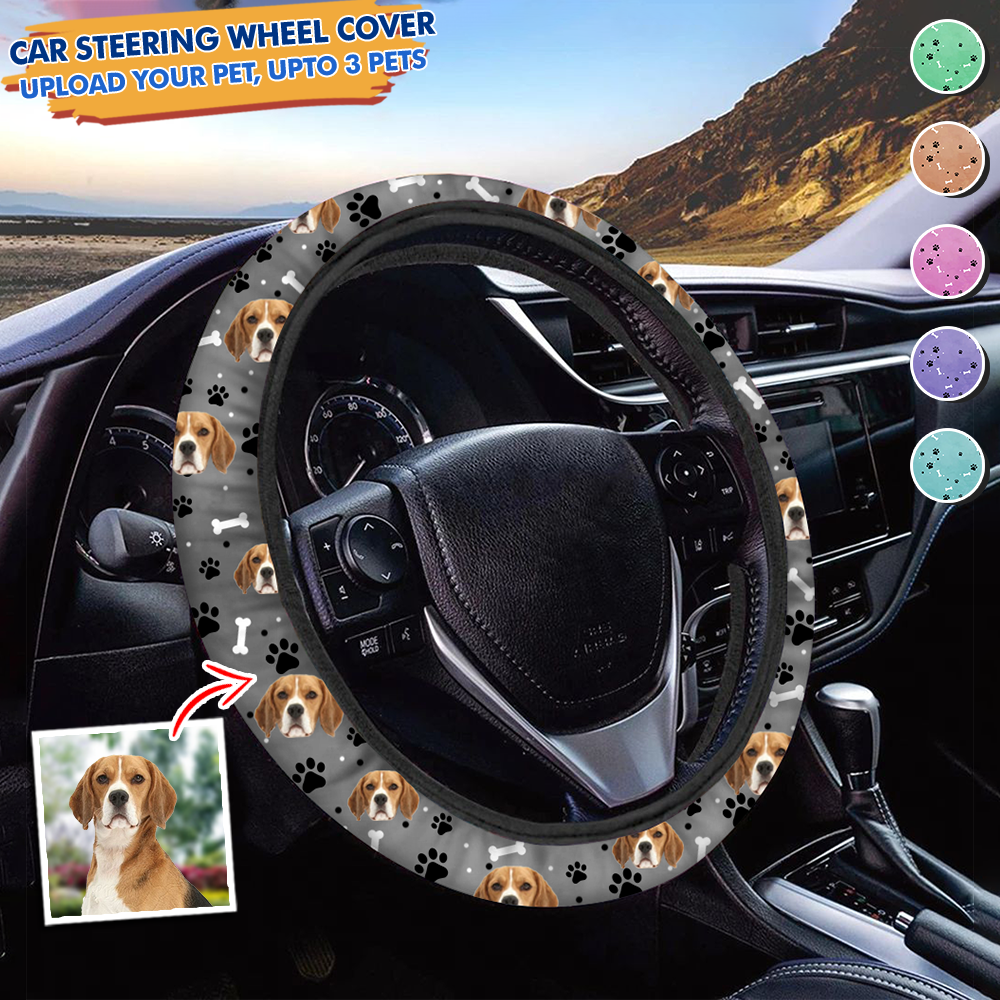 Custom Face With Paws Dog Cat Car Steering Wheel Cover, Pet Lover Gift