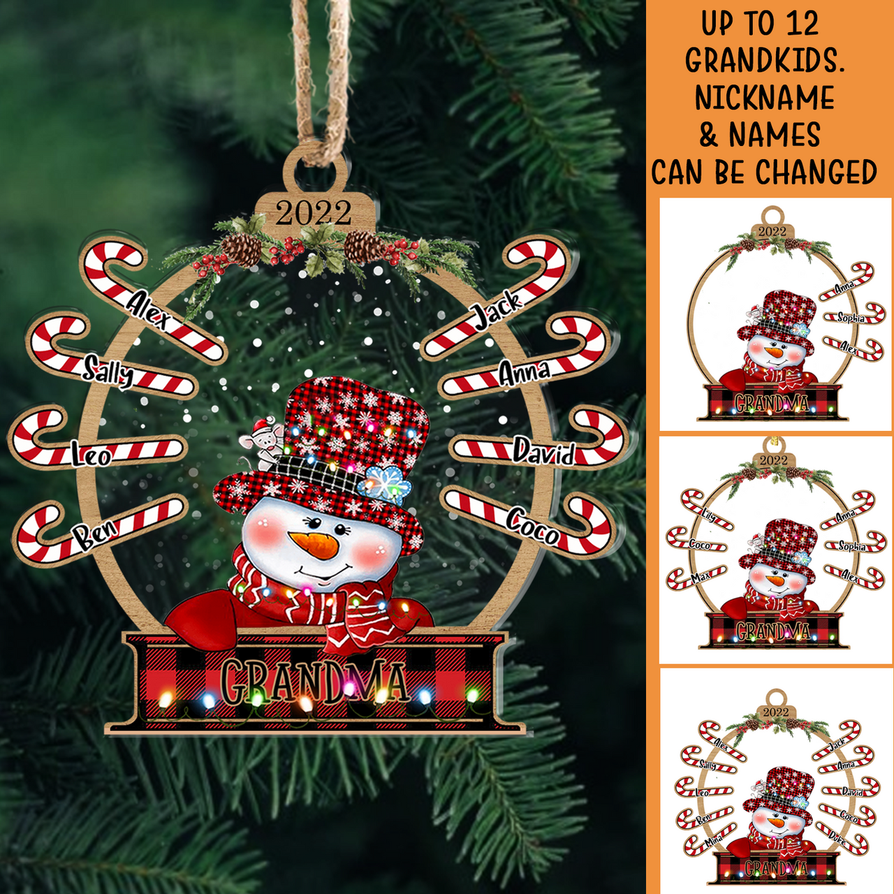 Personalized Snowman Grandma Grandkids Candy Cane Printed Acrylic Ornament, Customized Holiday Gift For Grandma Nana Mommy Aunt