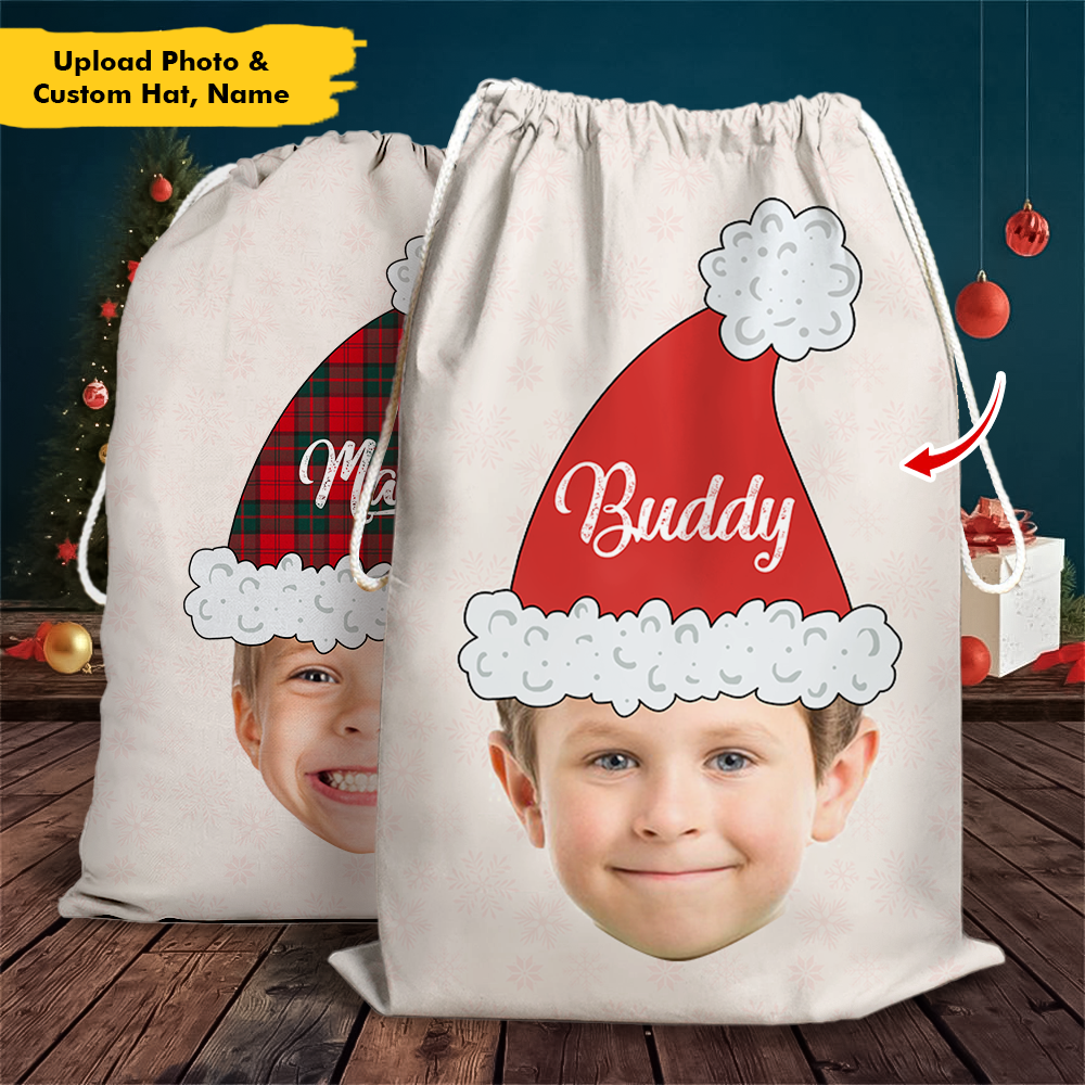 Custom Santa Hat With Name Photo Christmas Bag, Christmas Gift