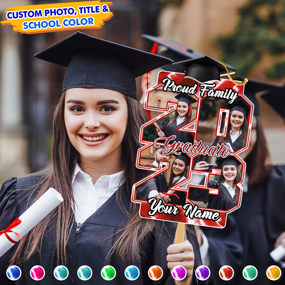 Custom Proud Family Of A Graduate 2023 Photo Graduation Face Fans With Wooden Handle, Gift For Graduation Party