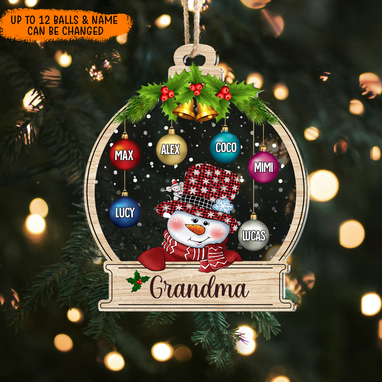 Personalized Snowman Grandma Grandkids Christmas Balls Printed Acrylic Ornament, Customized Holiday Gift For Grandma Nana Mommy Aunt