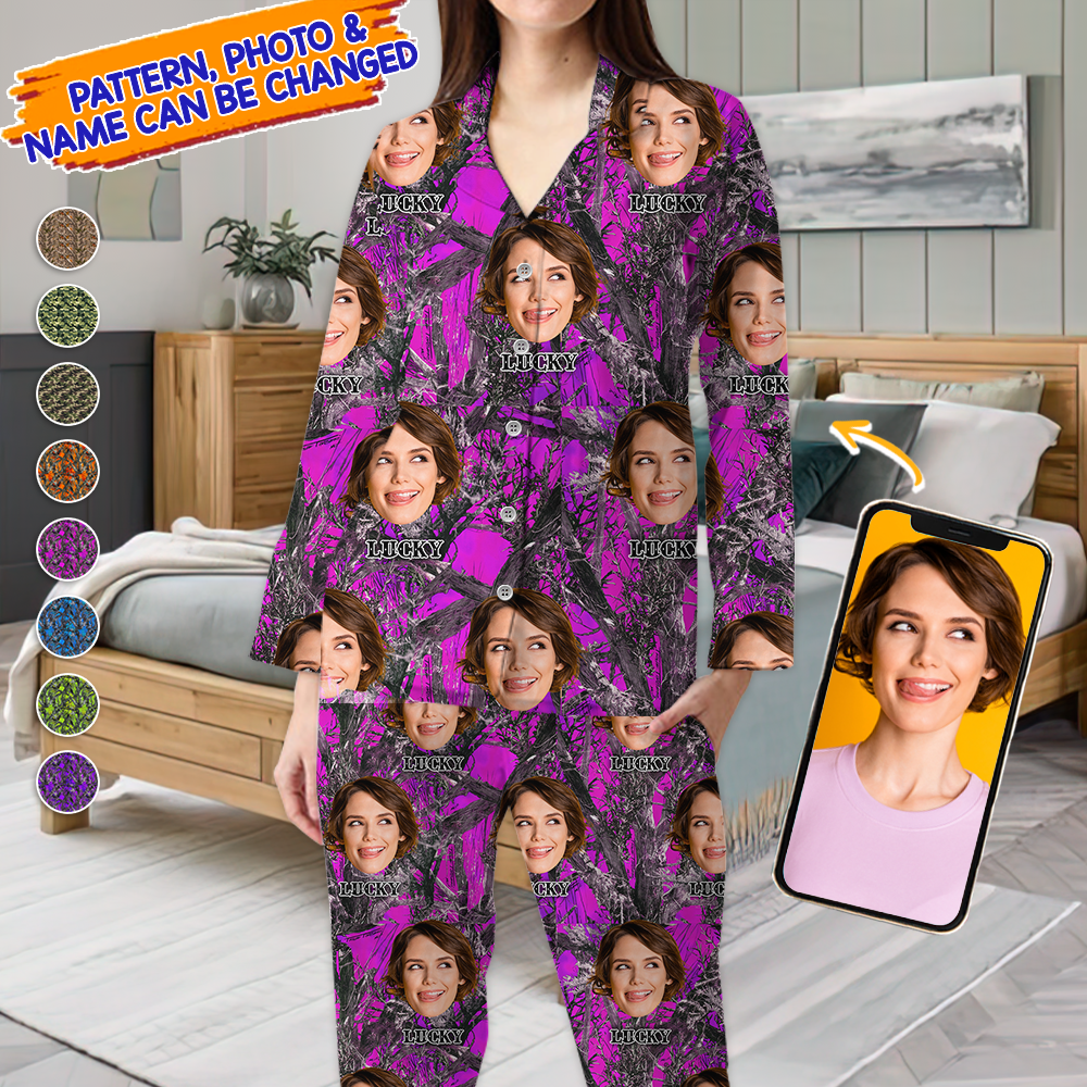 Personalized Custom Face Husband Wife Camo Hunting Pattern Pajamas Set, Funny Gift For Hunting Lover CHI-YEN