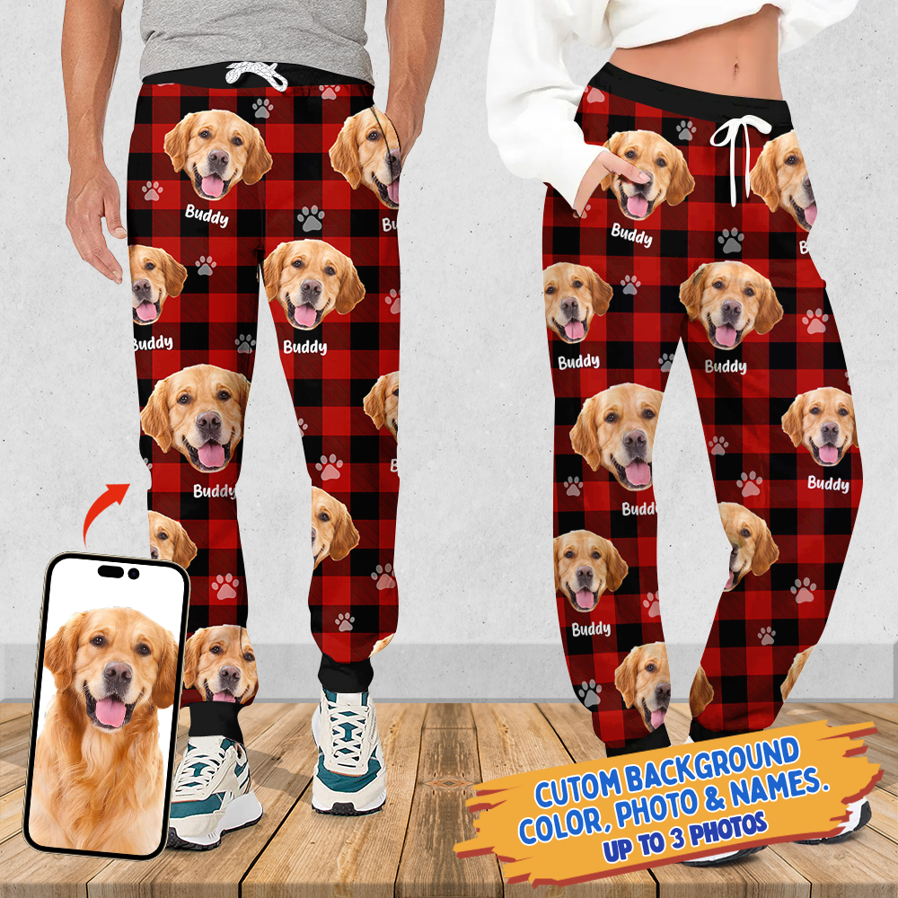 Pet Photo With Name Multicolor Buffalo Plaid Sweatpants, Custom Gift For Men and Women Dung- Yen