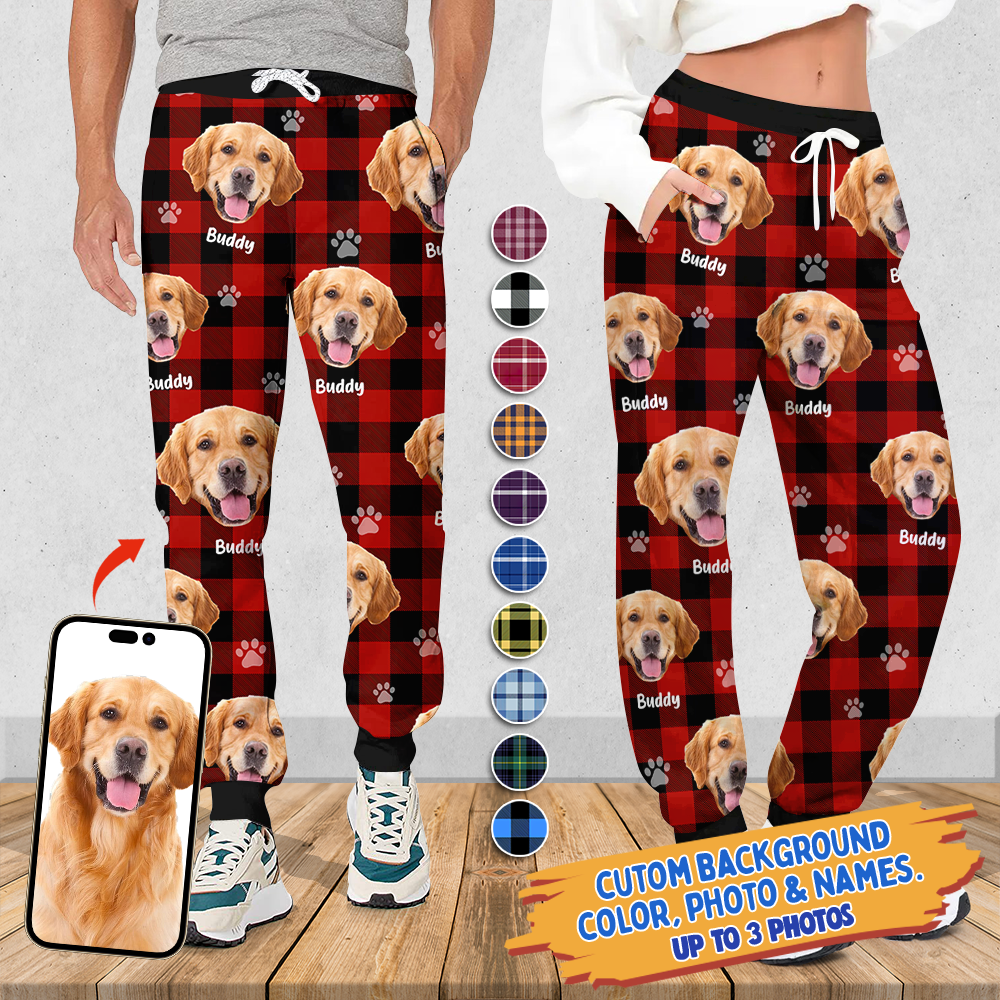 Pet Photo With Name Multicolor Buffalo Plaid Sweatpants, Custom Gift For Men and Women Dung- Yen