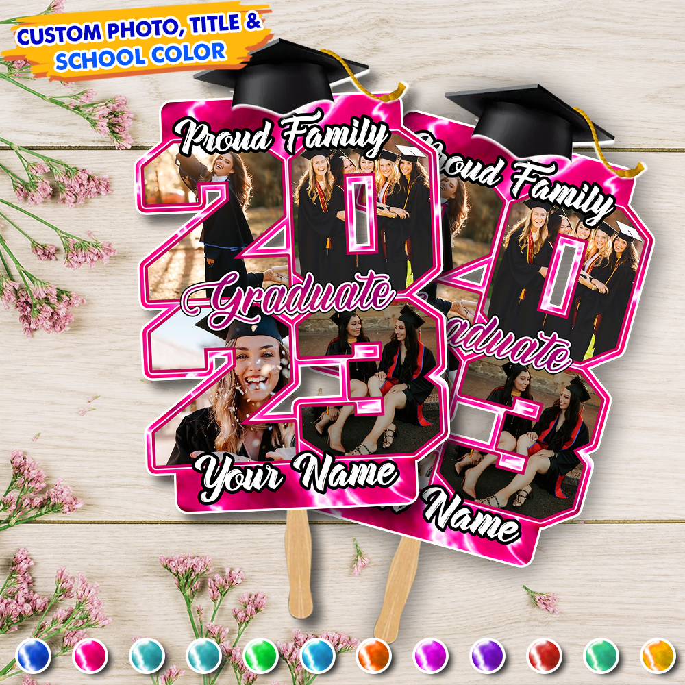 Custom Proud Family Of A Graduate 2023 Photo Graduation Face Fans With Wooden Handle, Gift For Graduation Party