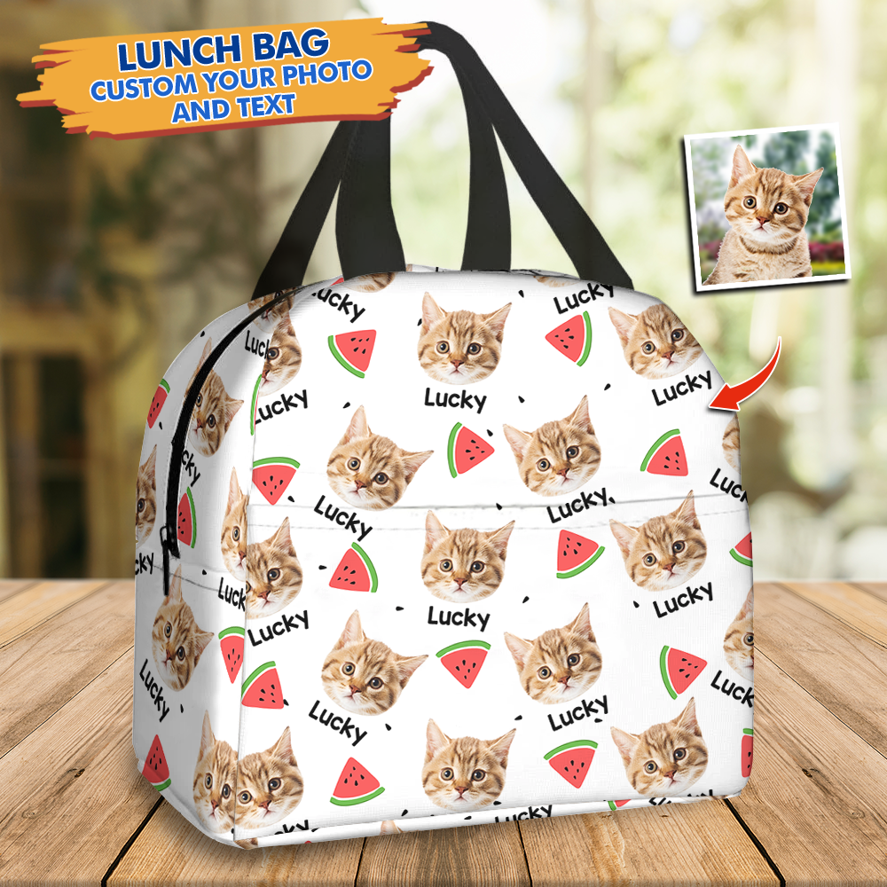 Personalized Orange Summer Upload Face Dog Cat Lunch Bag, Gifr For Pet Lovers