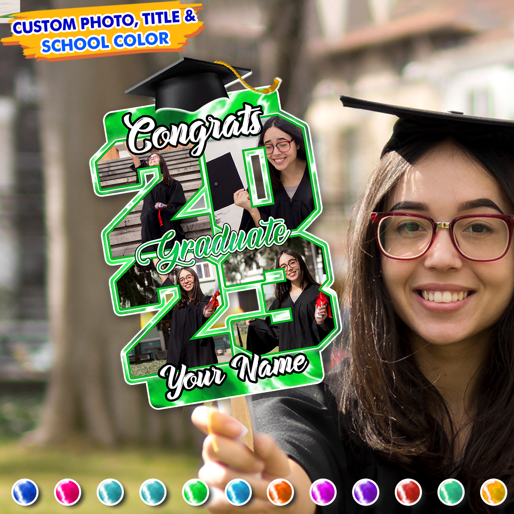 Custom Proud Family Of A Graduate 2023 Photo Graduation Face Fans With Wooden Handle, Gift For Graduation Party