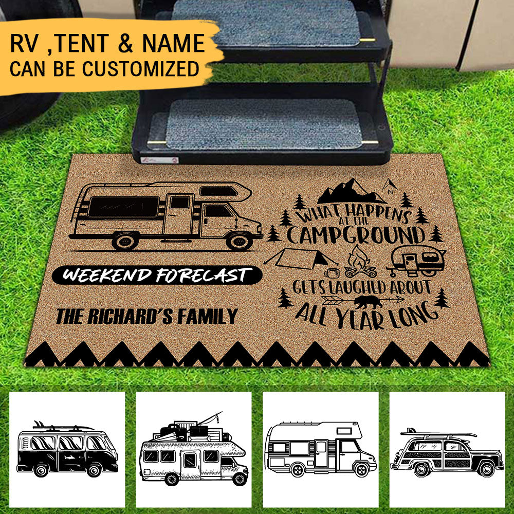 Weekend Forecast, What Happens At The Campground - Camping Doormat - Jonxifon